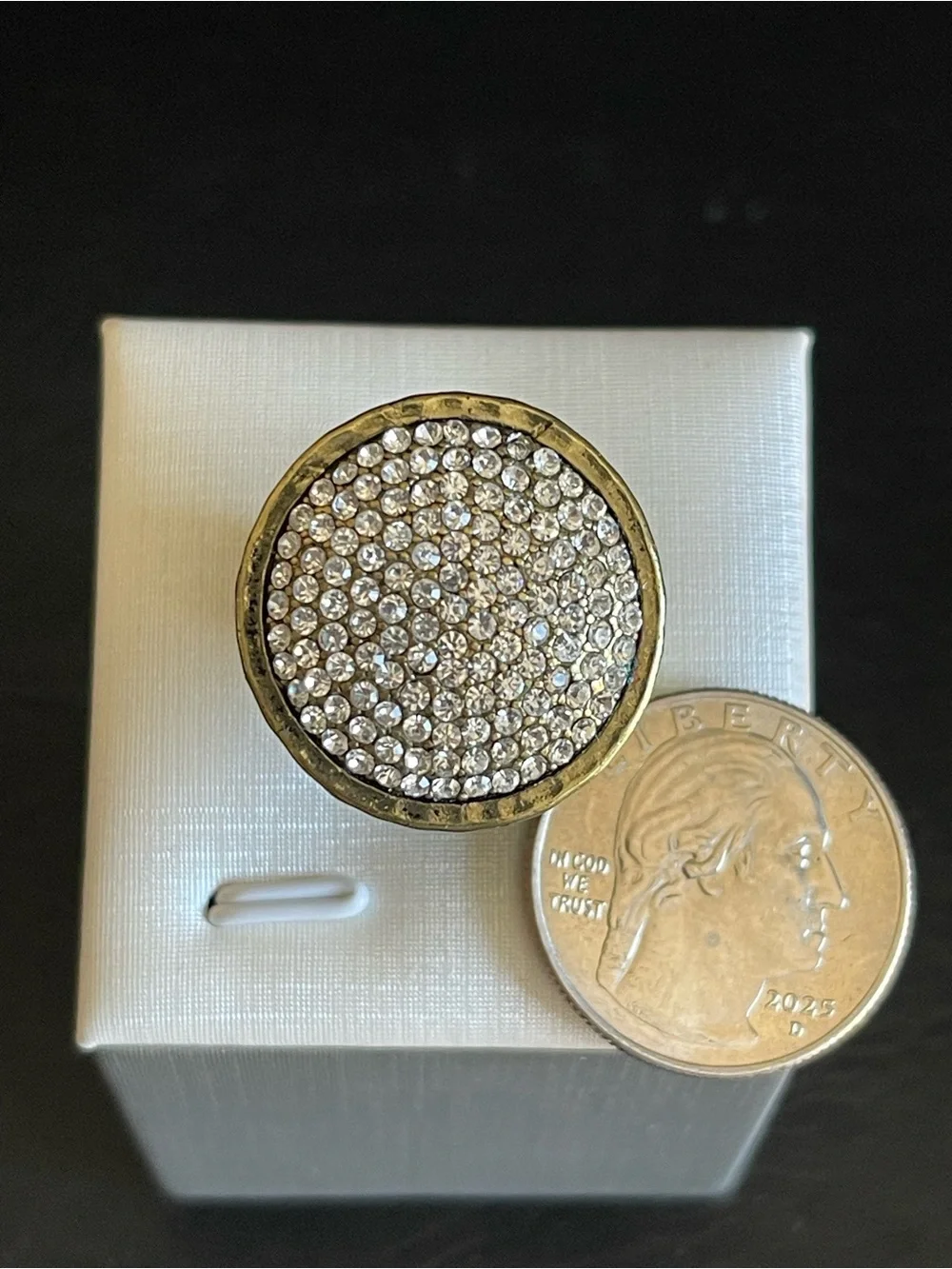 Brass Pave Crystal Round Cocktail Ring.